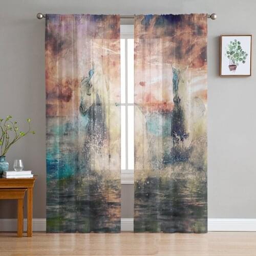 Tulle Curtains Horse Watercolor Dreamy Boys And Girls Bedroom Sheer Hanging Curtain Living Room Kitchen Gauze Curtain