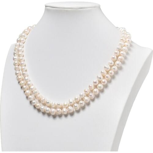 The High Quality 8-9mm Freshwater Natural White Pearls 2 rows Natural Pearls Necklace 19inch Fit Birthday Gifts Wholesale H481