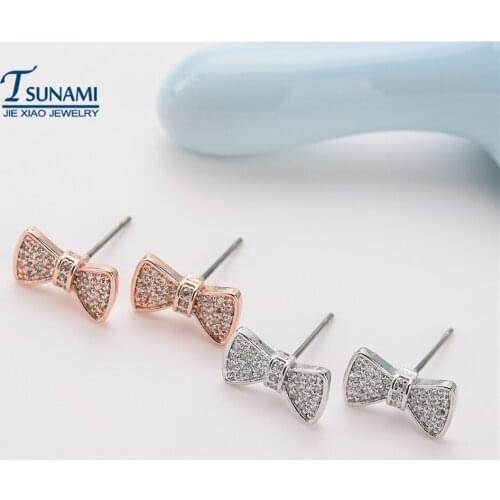 High quality Bow Cubic Zirconia Stud Earrings Stone flashing for Wedding bride and Girls sweet earrings