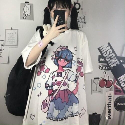 Punk Girl Cartoon Ulzzang Top Gothic Women Tees Fun Harajuku Fashion Casual Big Size Cotton T-shirt Letter O-neck Women Clothing