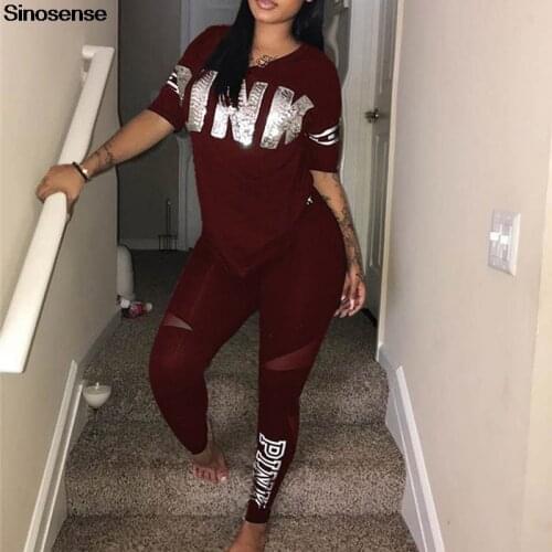 Women Sportswear Tracksuit 2020 Letter Print 2 Piece Sport Outfits Set Sexy Bodycon Two Piece Set Plus Size Pink Clothing S-3XL