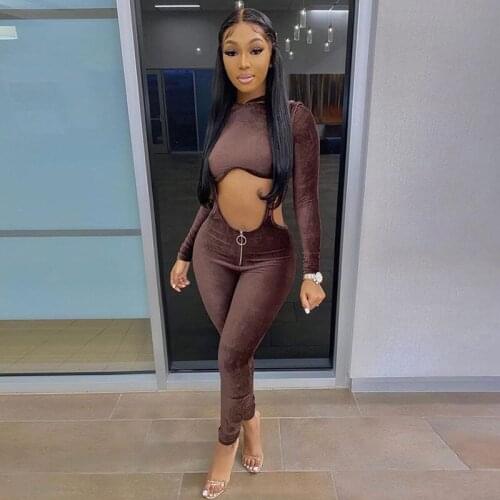 Solid Velour Two Piece Sets Women 2021 New Hooded Crop Top+Zipper Overalls Fitness Active Streetwear Fashion Nightclub Outfits