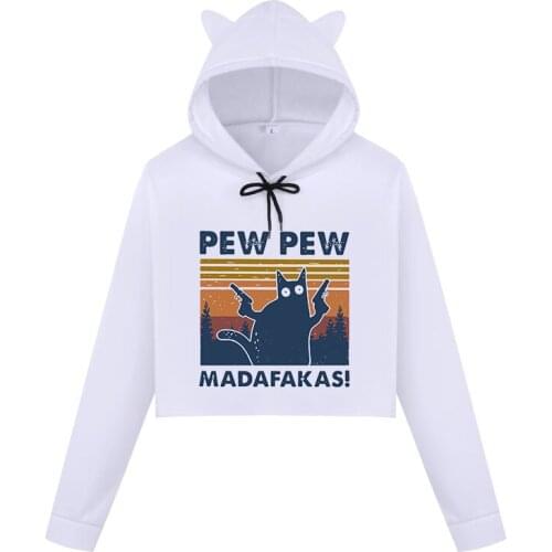 Autumn 2020 Hoodies Women Hoody Crop Top Black Cat Pew Pew Madafakas Print Pullover Long Sleeve Casual Sweatshirt Kpop Oversized