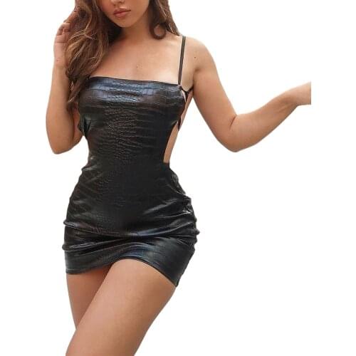 2021 Fashion Sexy Backless PU Leather Slip Dress Women Sleeveless Hollow Out Crocodile Skinny Mini Dress Club Party Dress
