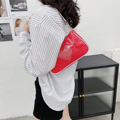 2021 Fashion Women Rhinestone Love Heart Small Shoulder Bag Bright PU Leather Underarm Bags Female Small Handbag bolso mujer
