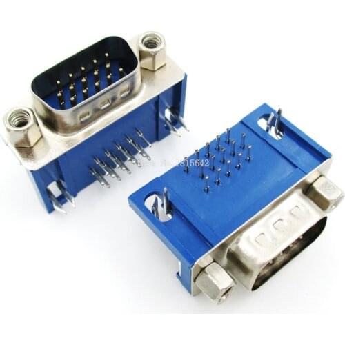 5PCS/LOT DB15 DR15 3Rows Blue Parallel Port 15 Pin D Sub Male 15 Way PCB 90 Degree Connector DB15 Socket Plug VGA Adapter