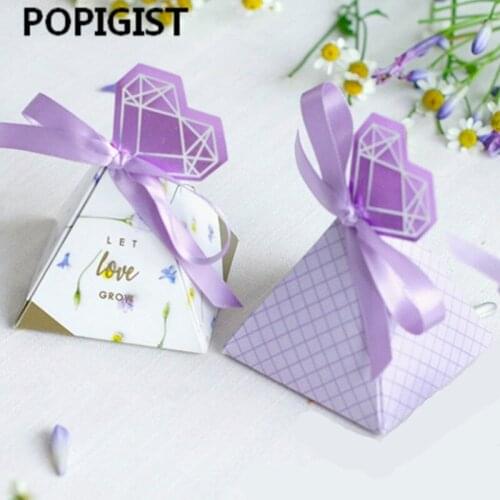 50pcs Hot Sale Triangular Pyramid Wedding Favors Candy Box with diamond card Party Supplies Bomboniera Thanks Gift Chocolate Box