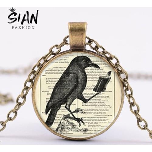 SIAN Vintage Raven Necklace Crow Reading Book Picture Handmade Glass Cabochon Bronze Plated Metal Pendant Necklace Bird Jewelry
