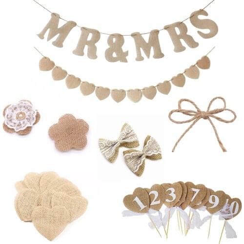 DIY Burlap Jute Ribbons Bowknot Flag Flower Heart Shape Banners for Wedding Christmas Party Decorations