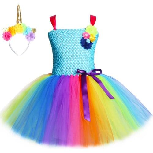 Rainbow Kids Unicorn Costume Dress for Girls Halloween Birthday Party Clothes Flower Tulle Princess Dress Children Clothing 1-12