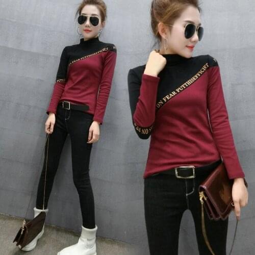 Fleece Bottoming Shirt Womens Autumn and Winter Half High Neck Stitching T-shirt Was Thin and Western Style Wild Top Tide