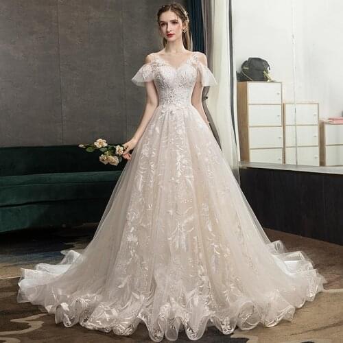 JSLYHS 2021 New Luxury Lace Bridal Wedding Dresses V-Neck Tulle Sequin Trailing Simple And Elegant Bridal Gowns