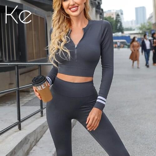 Ke 2021 new Long-sleeved yoga sports suit, breathable tight-fitting running trousers, two-piece winter workout tracksuit women