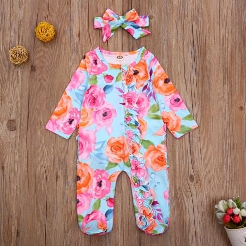 Pudcoco Newborn Baby Girl Clothes Flower Print Long Sleeve Round Neck Romper One-Piece Outfit Sleeper with Headband Clothes