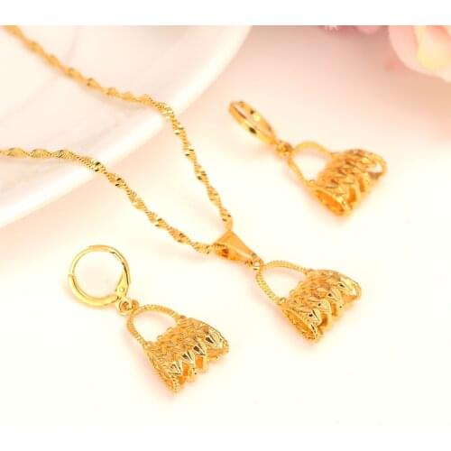 Gold color PNG Necklace pendant Earrings ring Set Women Party Gift african women bag shape bridal wedding Jewelry girls charm