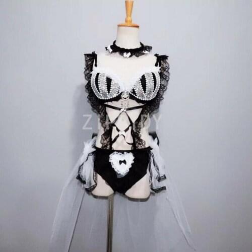 Women Singer Lingerie Costume Set Bikini Dance Outfit Set Bright Rhinestones Pearls Lace Bra Short 4 Piece Outfit Nightclub