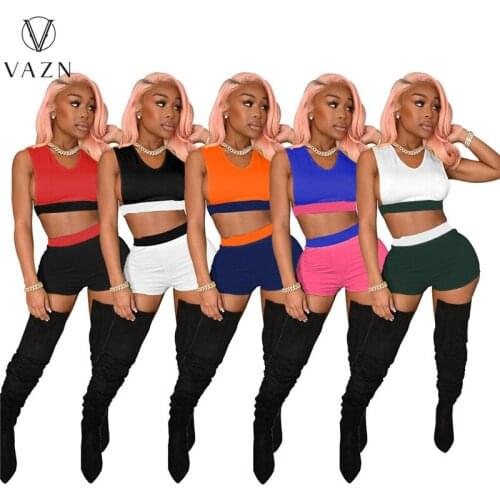 VAZN 2021 Summer Latest Style Solid Sexy Young Soft Elastic Tank Sleeve Group Short Pants Slim Women 2 Piece Set
