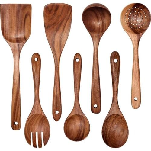 Wooden Non-Stick Kitchen Pan Toolset 7 Pcs Set,Kitchen Utensils Spatula Utensils Spoons,Wooden Spoons for Cooking