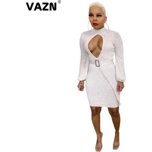 VAZN New 2021 Hollow Out White Chic Ladies Slim Elegant Shinny Bandage Dress Full Sleeve Sheath Dresses