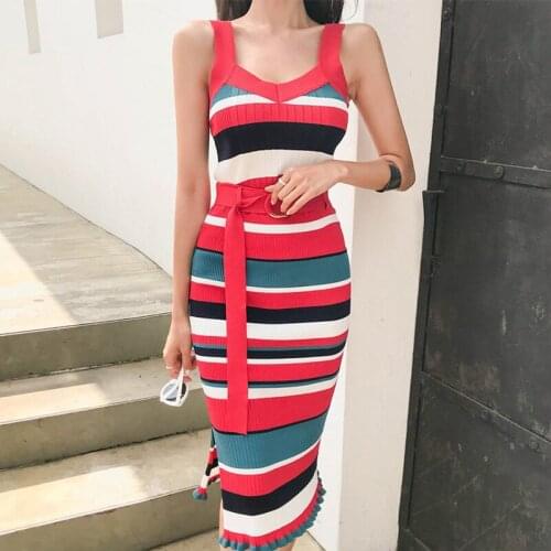 New arrival fashion sets for women summer elegant OL sexy starp knitting bouncy bodycon top and skirt stripe two piece sets