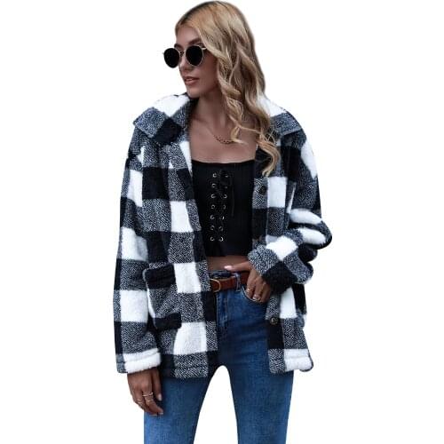 Long Coat Women Plaid Button Down Jacket Autumn Casual Long Sleeve Fuzzy Fleece Loose Lapel Neck Single Breasted Pockets Coat