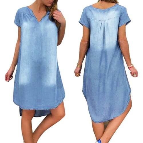 Women Summer V Collar Pullover Short Sleeve Denim Dress Stylish V Neck Short Sleeve High-low Hem Loose Knee-length Denim Dress