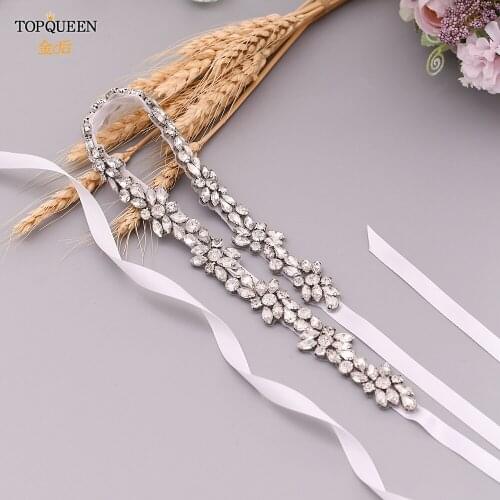 TOPQUEEN Luxury Bridal Belt with Rhinestone Applique Sash for Wedding Dress Jeweled Belts Silver Dress Belt Shiny Belt S437-S