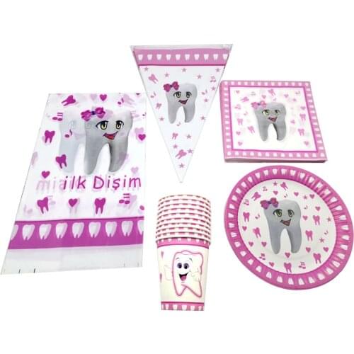 Pink First Tooth Design Birthday Party Napkins Flags Baby Shower Plates Cups Decoration Boys Favors Tablecloth Dishes 51pcs/lot