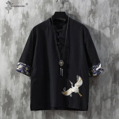 Japanese Summer Short SleeveT-shirt Mens Casual Loose Harajuku Clothing Fashion Kimono Crane Embroidery Shirt Mens Kimono Men