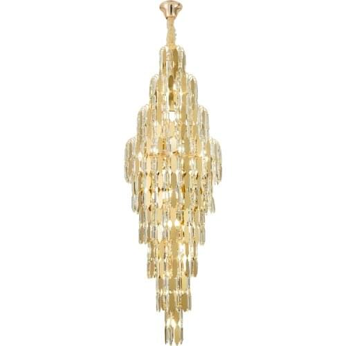 LED Postmodern Crystal Golden Stainless Steel High Long Chandelier Light Lampen Lustre Suspension Luminaire For Villa Stairs