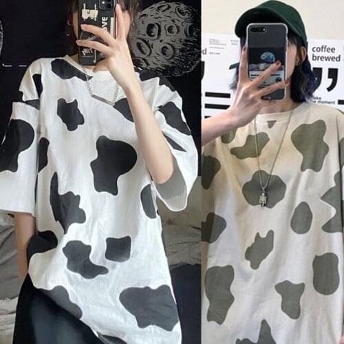 Women Half Sleeve O-Neck T Shirt Harajuku Cow Print Oversized Loose Pullover Top
