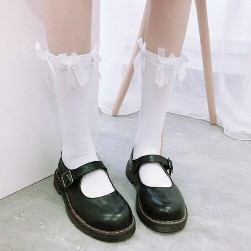 JK uniform Socks Mid-calf length Sock Bowknot Girls Japanese Cute Solid Color Socks College style White Calf socks Mori Girl