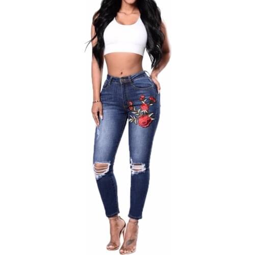 Womens Rose Embroidered Ripped Denim Skinny Denim Jeans Back Pocket Embroidery