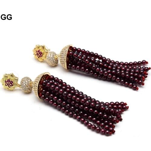 GG Jewelry Natural Garnet Round Beads Earrings Gold Color Plated CZ Stud Dangle Earrings For Women Ethnic Style