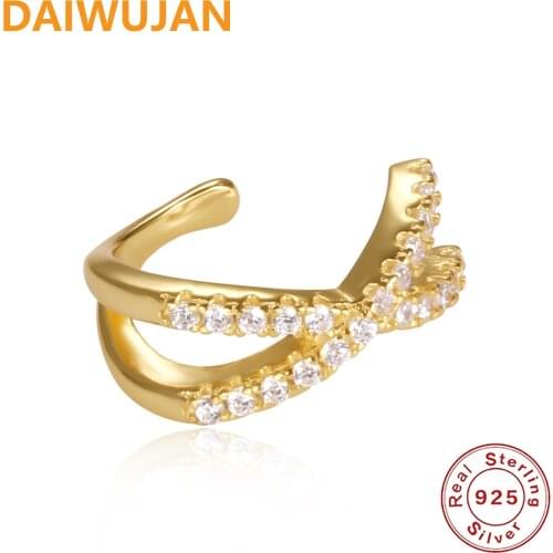 100% 925 Sterling Silver Ear Cuff For Women Gold Color Shiny Zircon Cross Clip On Earrings Earcuff No Piercing Earrings Jewelry