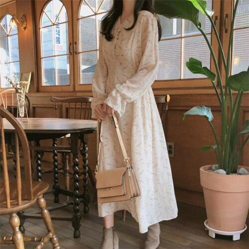 2021 New Summer Women Printed Floral V-Neck Dress Elegant Elastic Waist High Fall Female New Fashion Puff Sleeve Chiffon Dresses