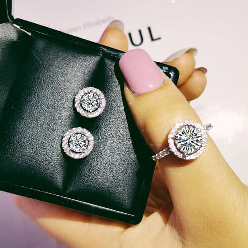 925 Sterling Silver Jewelry set halo Engagement ring round stud earring for Wedding christmas Valentines Day gift party J416