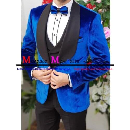 2021 Fashion Royal blue Shawl Lapel Mens Suits Business Slim Fit Blazer Vintage Wedding Groom 3 Piece Sets (Jacket+Vest+Pants)