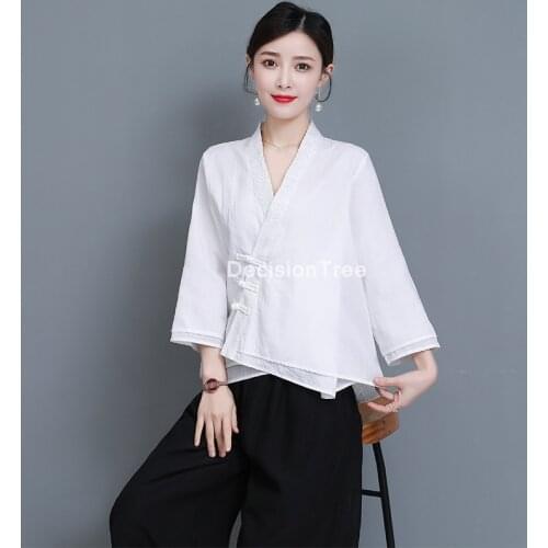 2021 retro chiffon blouse female ethnic style shirt chinese wind flower print tea service women cheongsam blouse hanfu shirts