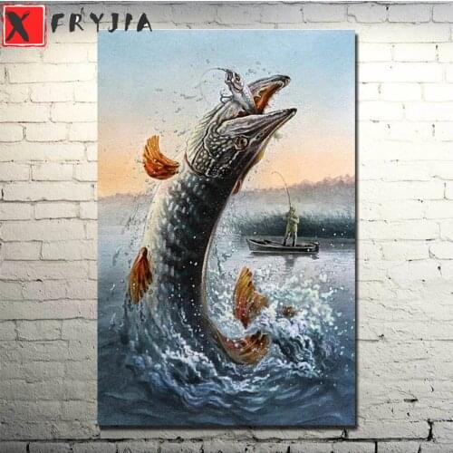 Diamond Painting Fisherman canoe fishing, fish jumping 5d Diamond Embroidery Full Display Diamond Mosaic Cross Stitch Decoration