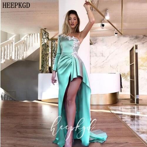 Mint Green One Shoulder High Low Prom Dresses Sexy Long Sleeve Appliques Pleat Satin Plus Size Evening Party Gown Robe De Soiree