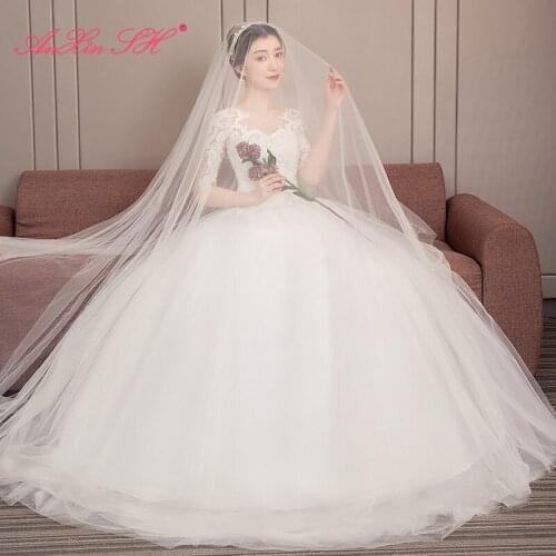 AXJFU princess flower lace white wedding dress party vintage o neck half sleeve illusion ball gown lace up wedding dress