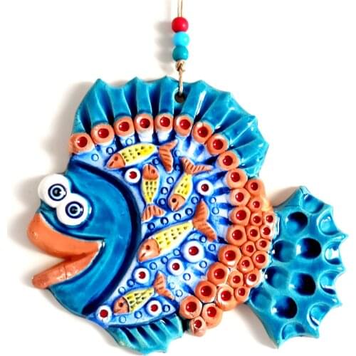 Mother Fish Turquoise Color, Ceramic Wall Decoration