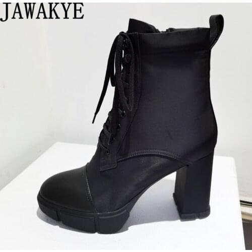 Platform Chunky High-heel Combat Boots Women Shoes Black Lace-up Martin boots Motorcycle Boots Winter Luxury Brand Botas Mujer