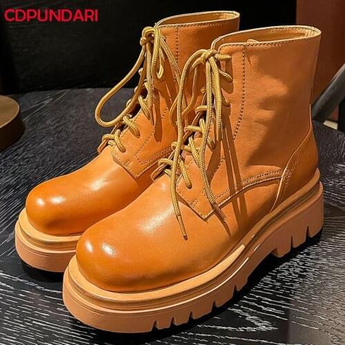 Ladies Genuine Leather Med Heels Platform Ankle Boots Women Autumn Winter Chunky Punk Martin Short Boots Shoes Bottine Femme