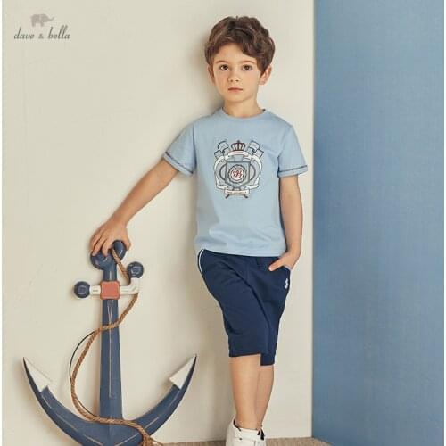 DKH17030 dave bella summer 5Y-13Y kids boys fashion cartoon letter patchwork T-shirt children boy high quality fashion tees