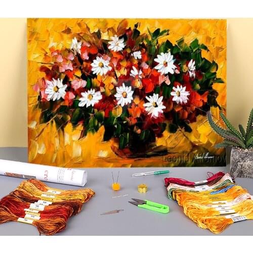 Oil Painting Style Flowers Printed Canvas 11CT Cross-Stitch Patterns DIY Embroidery DMC Threads Hobby Handicraft Sales