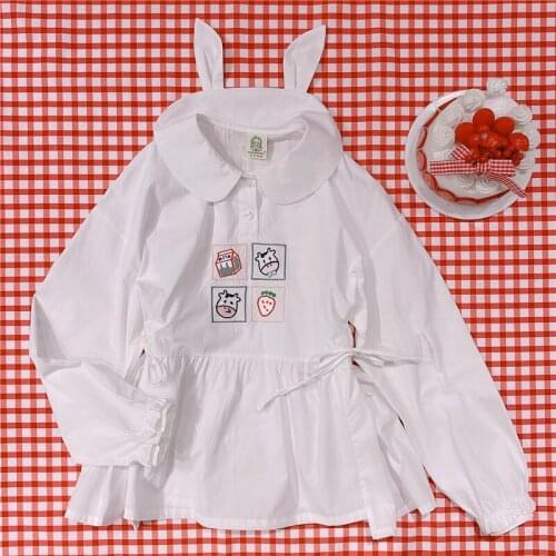 Fashion Kawaii Blouse Women Cute Anime White Doll Shirts Female Lolita Milk Cow Strawberry Rabbit Ears Peter Pan Lace Up Tops