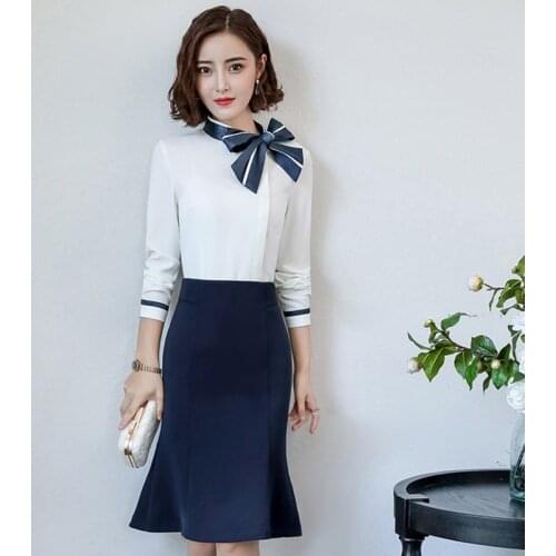 Korean Women Business Suit Two Piece Sets 2019 Skirt Set Shirt Mermaid Skirt Uniform For Office Ol Salon Spa Work Wear DD2029
