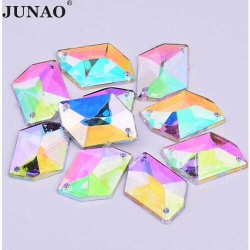 JUNAO 13*18mm Sewing AB Crystals Flatback Rhinestones Appliques Sew On Acrylic Stones Rhombus Shape Strass Crystal for Clothes